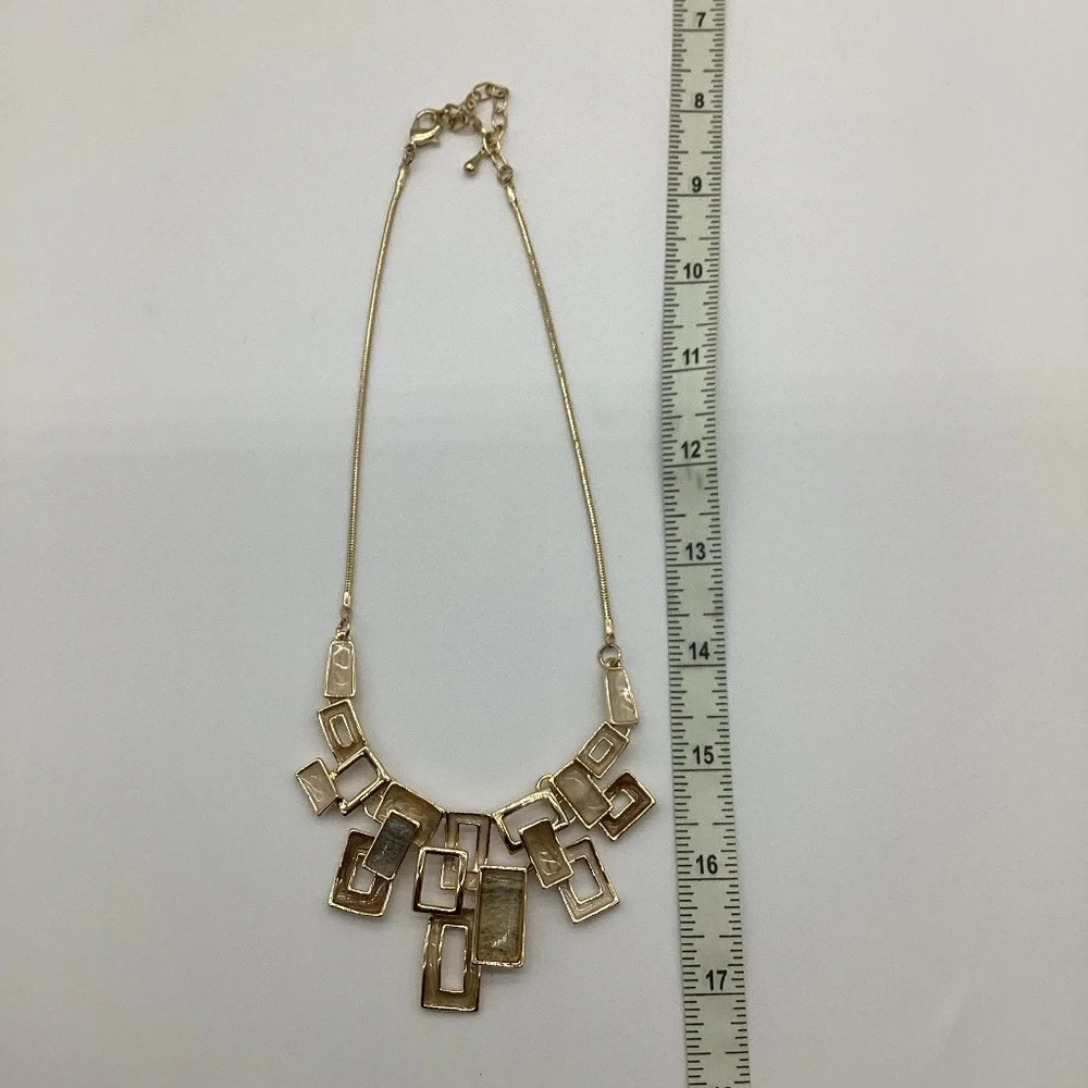 1961. Gold Geometric Necklace & Earring Set w/ Earth Tone Stones EUC - Picture 2 of 3